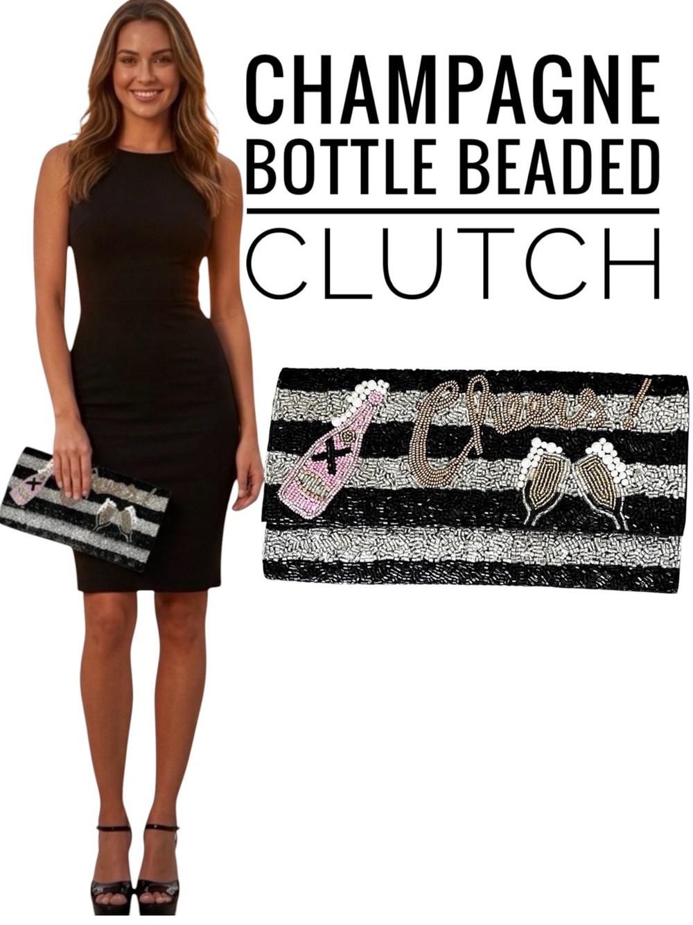 New Viola Black Silver Cheers Champagne Pearl Fizz Bead Sequin Envelope Clutch